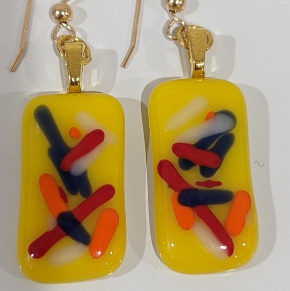 Artisan Handmade fused glass yellow abstract earrings with gold hooks - Picture 2 of 3